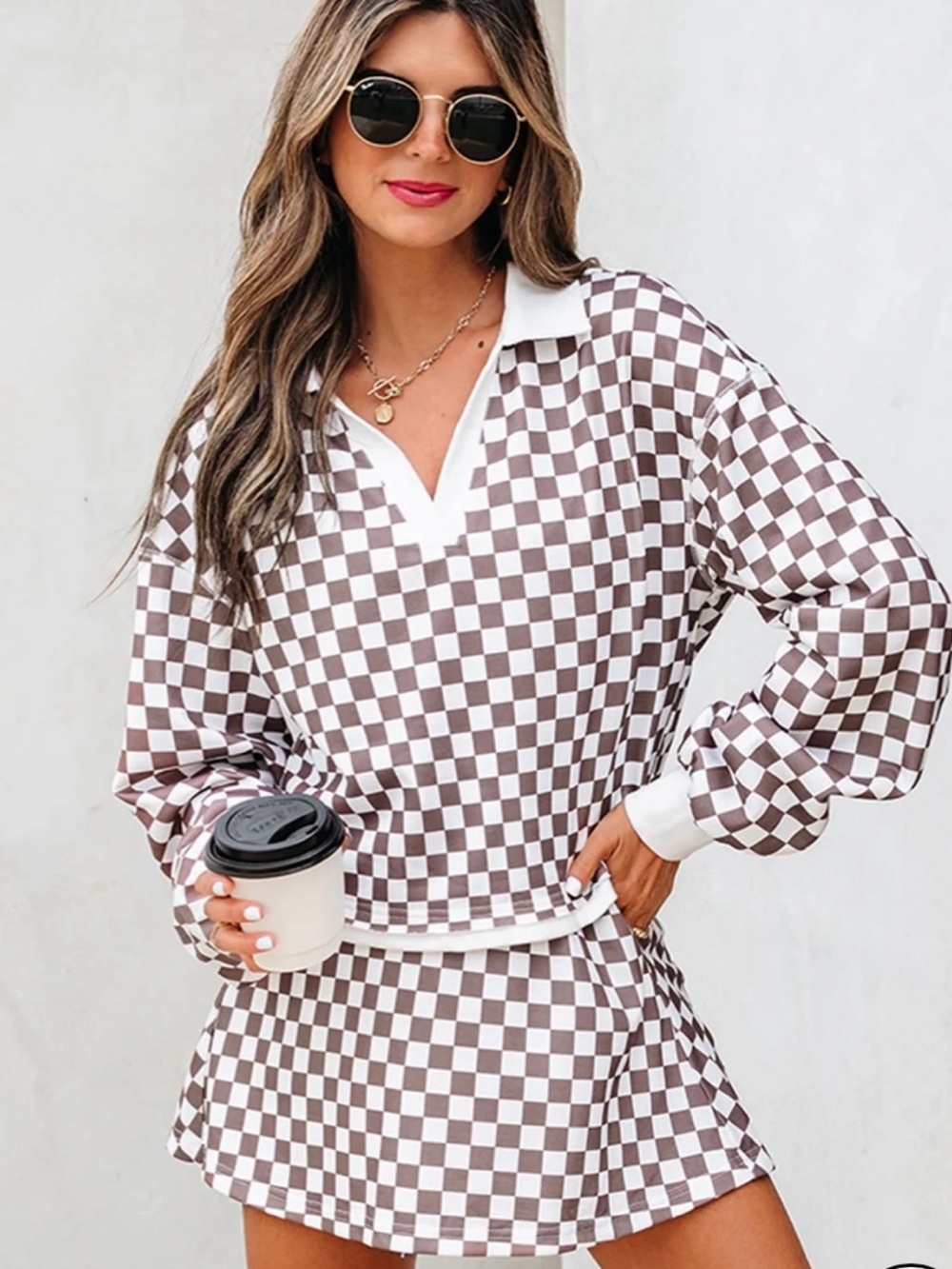 Checkerboard Collared Pullover & Skirt Set - Brown & White